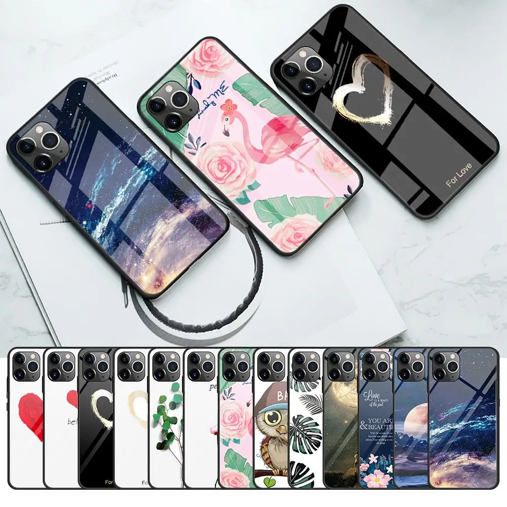 

Pattern Stained Tempered Glass Case For iPhone 11 Pro XS MAX XR X 7 8 Plus Cute Love Heart TPU Bumper Cover for iPhone 6 6S Plus