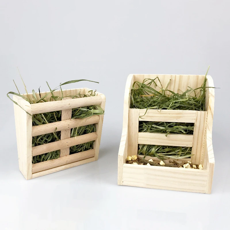 Pet Wooden Grass Rack Two-in-one Hay Rack With Food Bowl Hanging Fixed Natural Wood Frame For Rabbit Guinea Pig Totoro Supplies