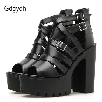 

Gdgydh Black Leather Chunky Sandals Platform Heels Fashion Buckle High Heels Shoes Summer Punk Style Female Footwear Sexy Party