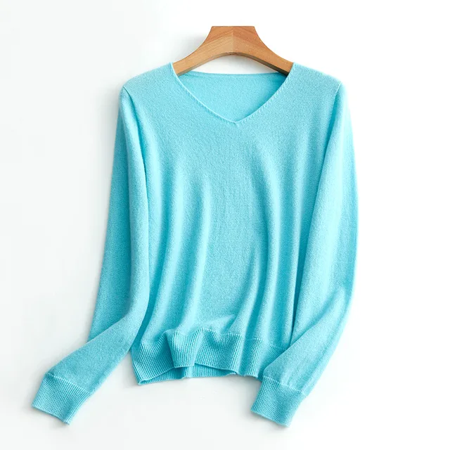 SuyaDream Women Sweaters High Quality 100%Cashmere Basic V neck Pullovers 2021 Fall Winter Simple Chic Knit Wear Tiffany Blue