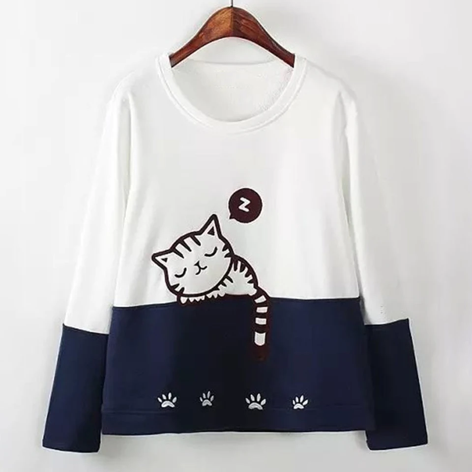 

Sleep Cat Embroidered Hoodie Cute Winter Poleron Mujer 2020 Kawaii Pattern Cartoon Sweatshirt Contrast Color Hoodie Casual Women