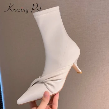 

krazing pot work boots butterfly-knot pleated gladiator pointed toe high strange heel zipper sweet fairy maiden ankle boots L00