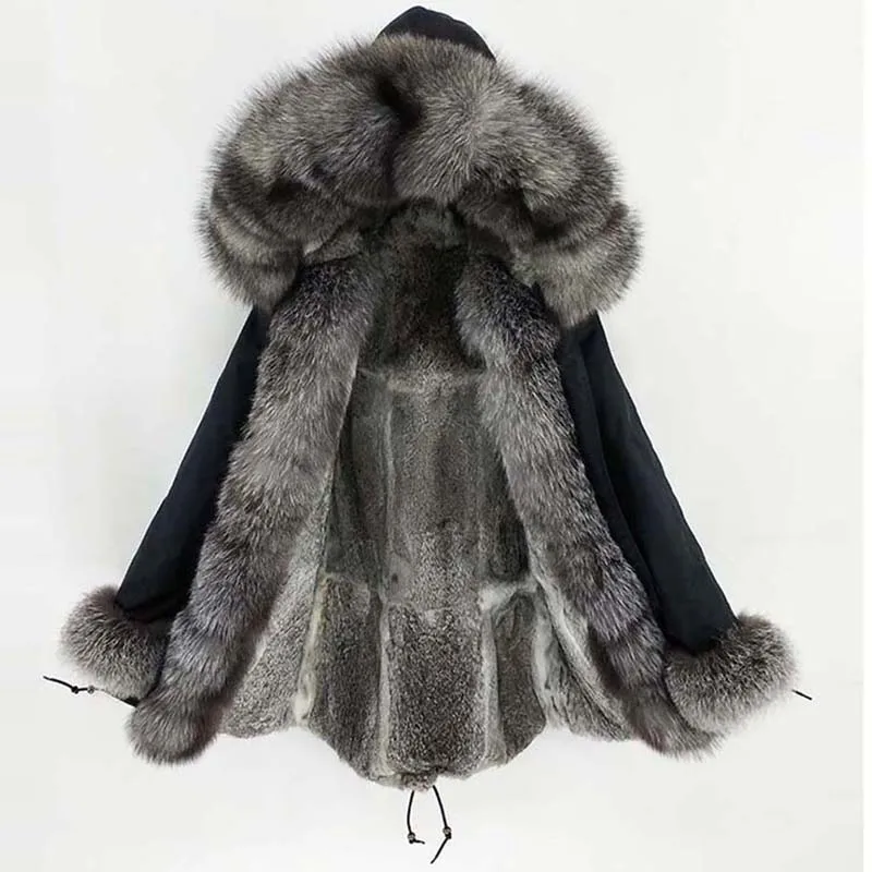 

2019 Long Parka Real Fur Coat Winter Jacket Women Rabbit Lliner Natural Fox Fur Collar Hood Cuffs Thick Warm Outerwear