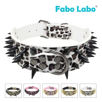 

Leopard Print Pu Leather Dogs Collars Widen Adjustable Electroplate Spiked Studded Pets Necklace Walking Run For Big Dog Collar