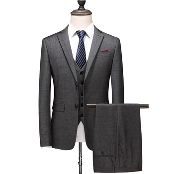 

Autumn New Business Casual Man Suit Jacket Men's Slim Fit Wool Plaid Suit Three-piece Party Banquet Dress Male Formal Blazer Set