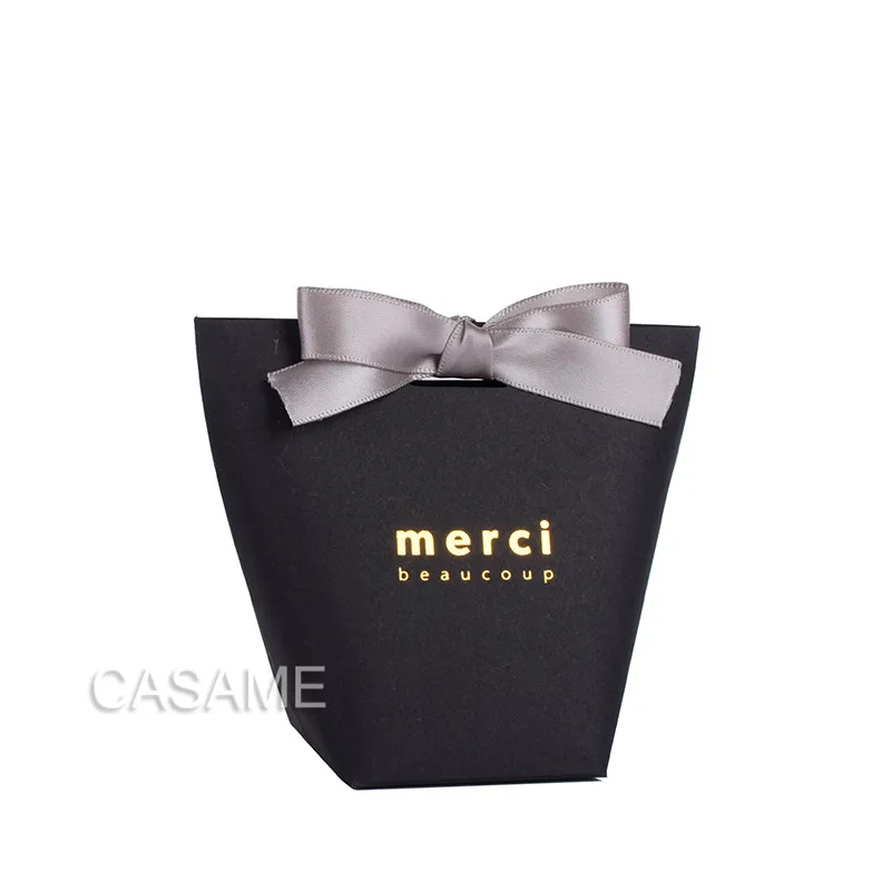 small Black Merci 6 шт. черная белая крафт-бумага, сумка бронзовая французская "Мерси", подарочная упаковка, сувенир для свадебной вечеринки, конфетные пакеты с лентой - Цвет: small Black Merci
