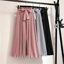 Fashion Chiffon Wide Leg Pants Women 2021 Summer Pleated Pants Female High Waist Loose Pants Bow Bandage Casual Trousers