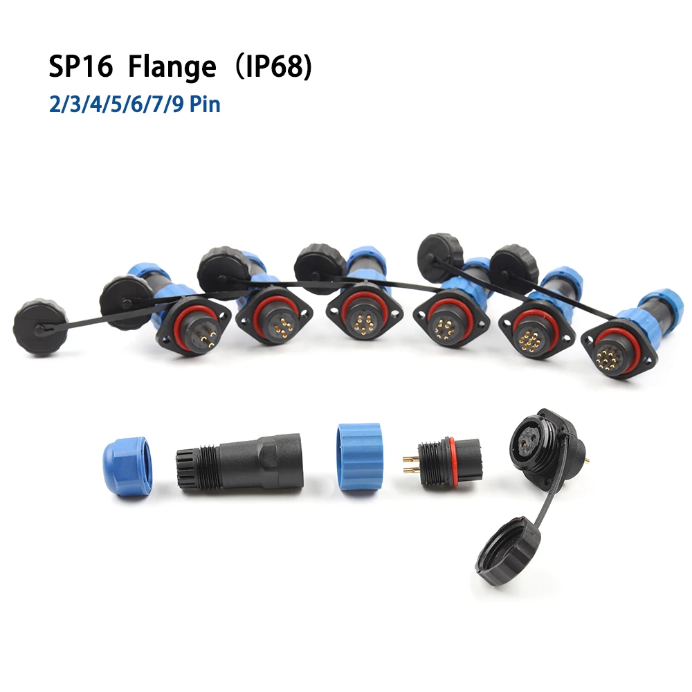 

High quality IP68 SP16 Waterproof Connector plug socket 2 3 4 5 6 7 8 9 pin Wire cable connector 2 hole flange socket Type Avia