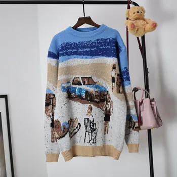 

2020 new fashion all-around small fresh pickup car knitting Pullover Sweater women's medium long outer sweater