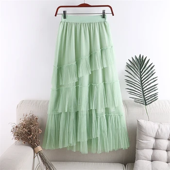 

2020 Irregular Mesh Patchwork Midi Women's Skirt Sweet Faldas Saia High Waist Black/Beige/White Skirt For Female Spring Summer