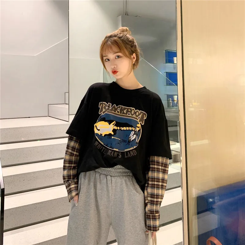 Женская футболка в стиле Харадзюку, пэчворк, имитация 2 шт., клетчатая футболка в клетку с длинным рукавом, Корейская уличная одежда с круглым вырезом, весна-осень, W148