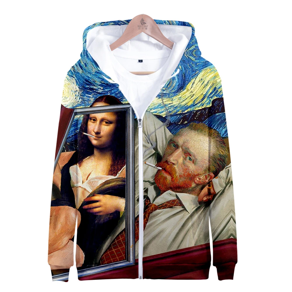 Женская толстовка на молнии Mona Lisa Van Gogh теплая с рисунком маслом готическая