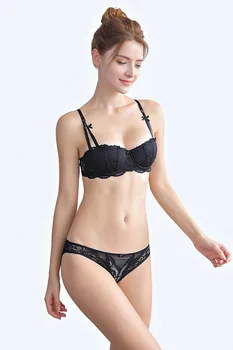 

Honviey floral embroidery sexy lingerie with steel ring lace 1/2 cup female intimates ultra thin bra set transparent bra set