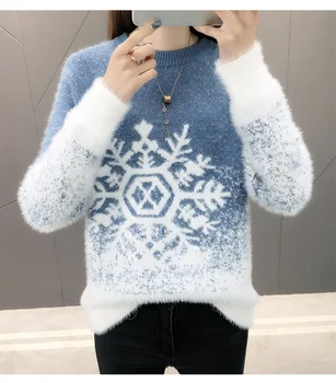 

Warm Thick Sweaters 2019 Autumn Winter Artificial Mink Women Sweaters and Pullovers Snow Pattern Knitted Sweaters Kitwear