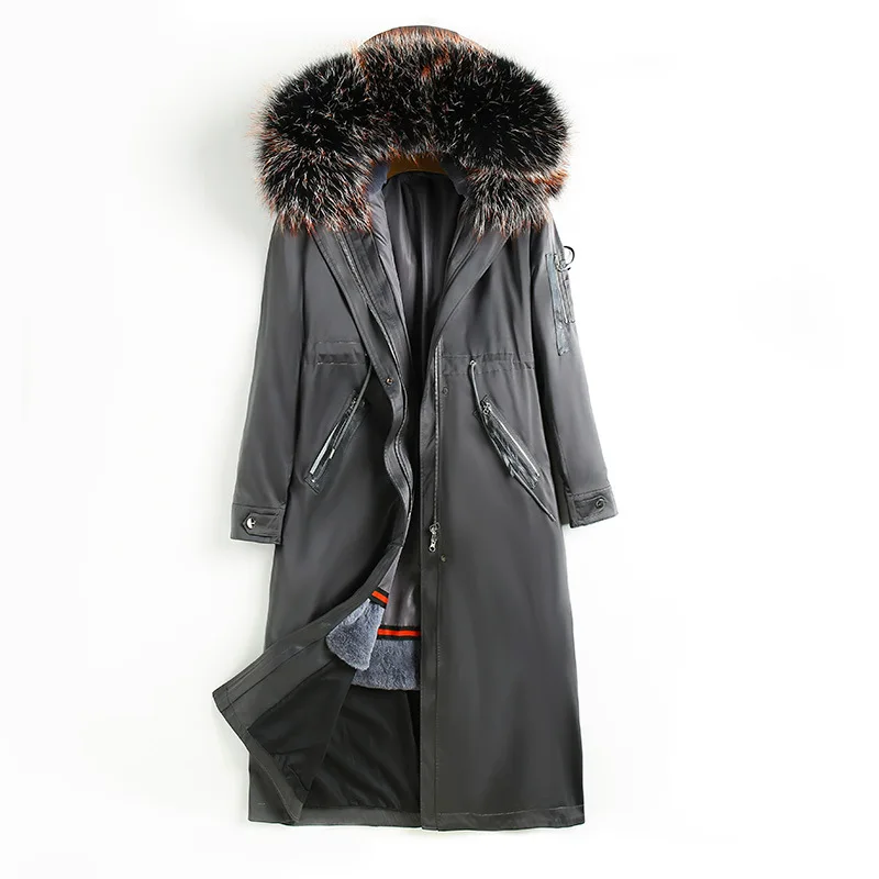 

Slim Women Hooded Long Parka Detachable Rex Rabbit Liner Drawstring Zipper Pocket Coats Grey Winter Large Warm Overcoats Jackets