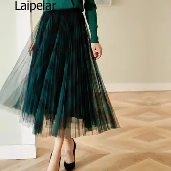 

Green Red Long Plaid Tutu Tulle Skirt Women Fashion 2020 New Elegant A Line High Waist Pleated Maxi Skirt Female Ladies