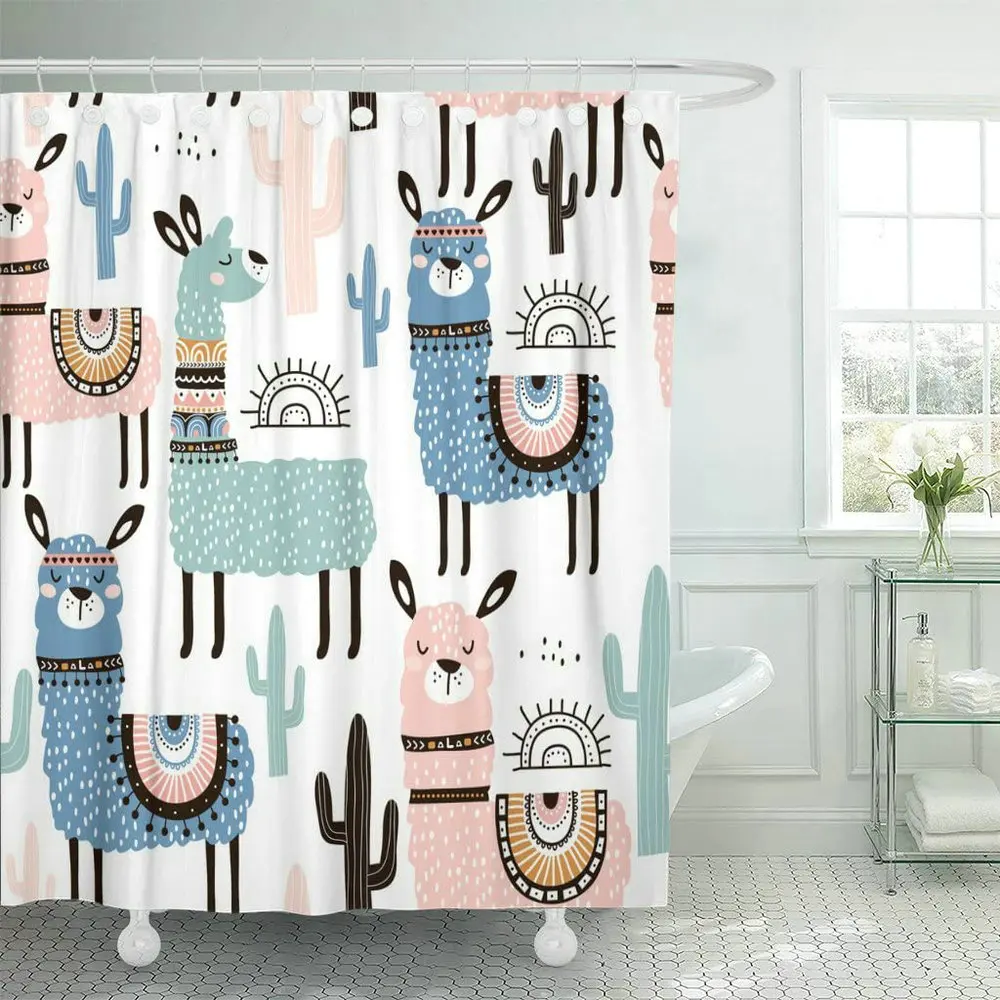 

Cartoon Alpaca Shower Curtain Cute Fun Animal Cactus Creative Child Kids Bathroom Decor With Hook Waterproof Polyester Screen