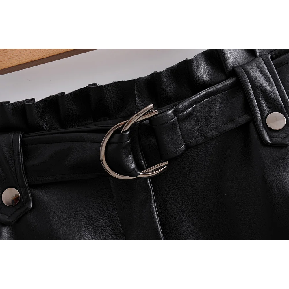 XR, женская сексуальная модная юбка, Женская плиссированная короткая облегающая юбка из искусственной кожи, женская черная однотонная Клубная юбка с поясом и карманами