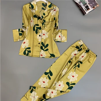 

JULY'S SONG Spring Summer Satin Pajamas Women Faux Silk Soft Long Sleeve Nightwear Sleepwear Retro Floral Print Homewear Pijamas