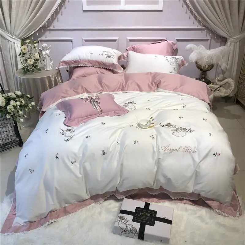 42 White egyptian Cotton angel Bedding set 4/7Pcs Queen King size Bed