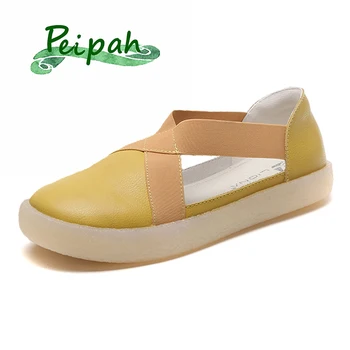 

PEIPAH Genuine Leather Elastic Shoes Woman Slip on Ballet Sandals Female Flat with Leisure Harajuku Zandalias De Verano Mujer