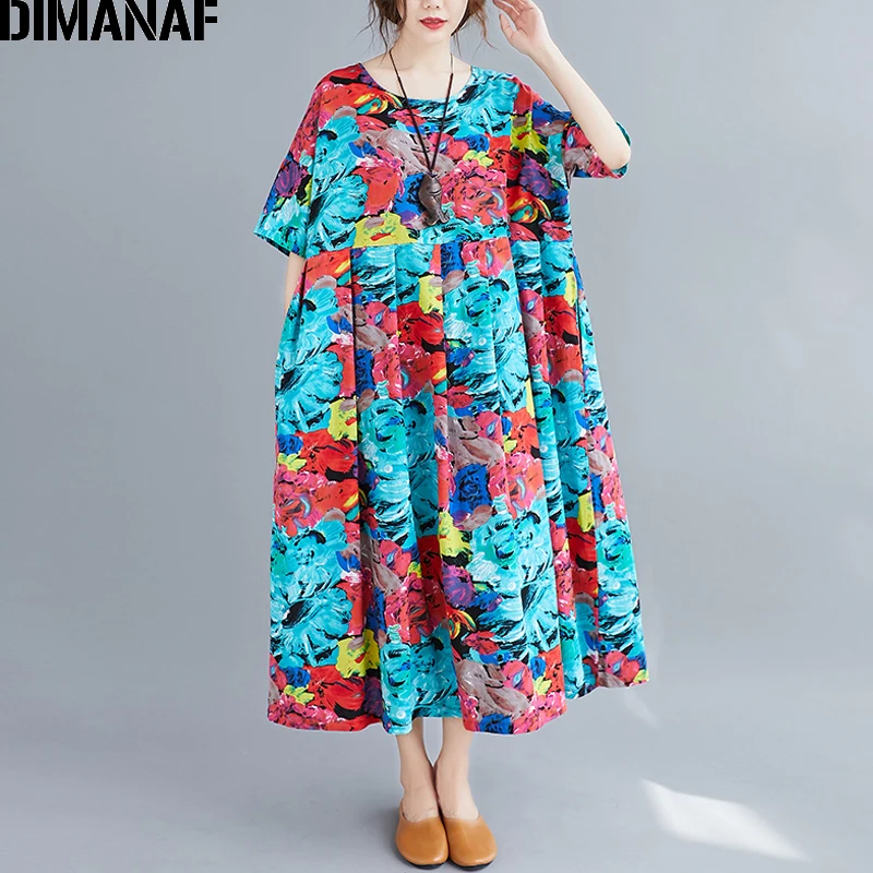 

DIMANAF Summer Plus Size Women Dress Beach Style Floral Print Female Vestidos Sundress Loose Pleated Lady Elegant Long Dress 5XL