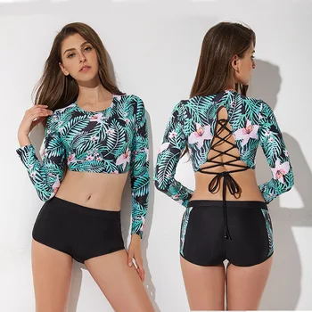 

2020 Summer Sexy Long-sleeved Sports Split Bikini Female Swimsuit Hot Spring Was Thin Printed Swimsuit