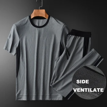 

Grey Mens Summer Sets (t-shirt+pants) Luxury Side Mesh Ventilate T-shirts Plus Size 4xl Elastic Waist Slim Fit Man Pants