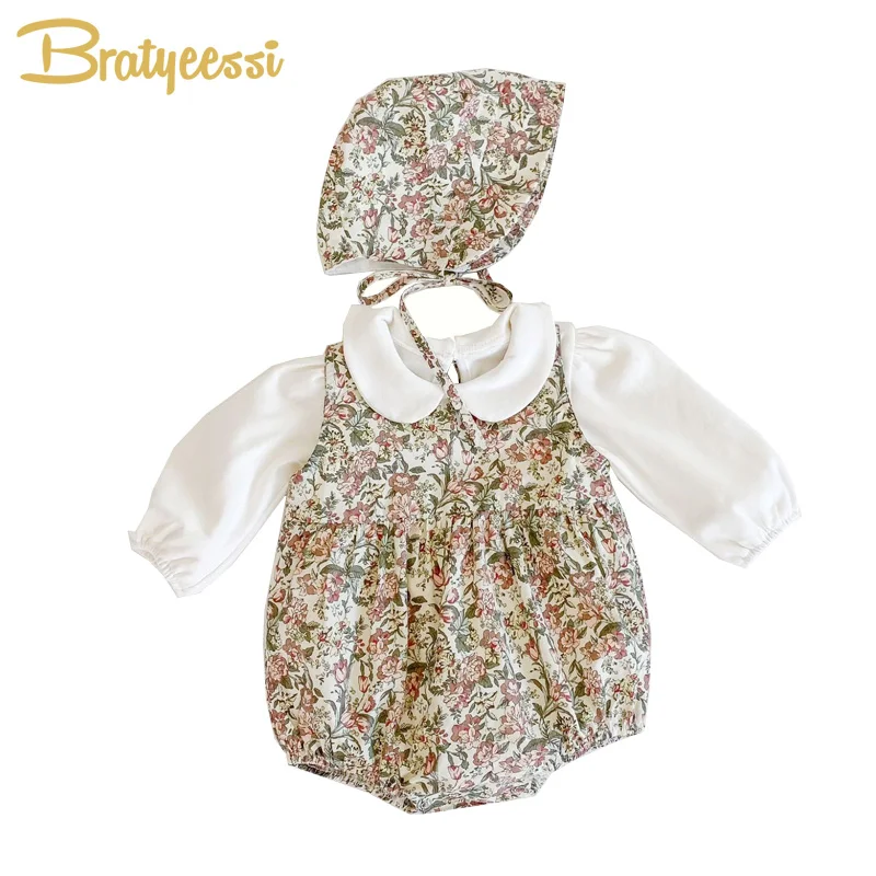 3PCS Baby Girl Romper with Hat Floral Rompers Clothes Toddler Jumpsuit Infant Outfit Set Onesie | Детская одежда и обувь