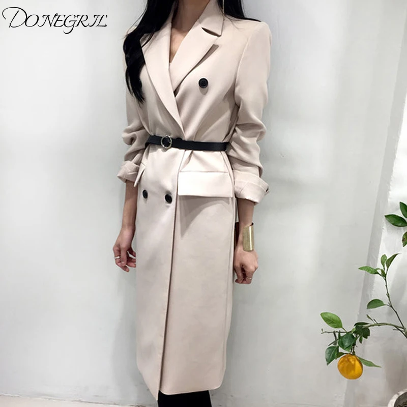 

2019 Spring and Autumn Blazer Dress Chic Women's Pure Color Long Sleeve Slim Double-breasted Suit Dress Lady Trench Dress