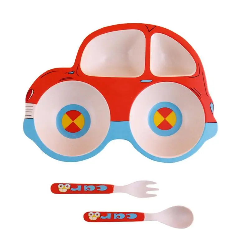Red car 3/5pcs Cute Children Tableware Newborn Baby Cartoon Animal Feeding Plate Set Biodegradable Bamboo Fiber Bowl Cup Fork Spoon Set - Цвет: Red car