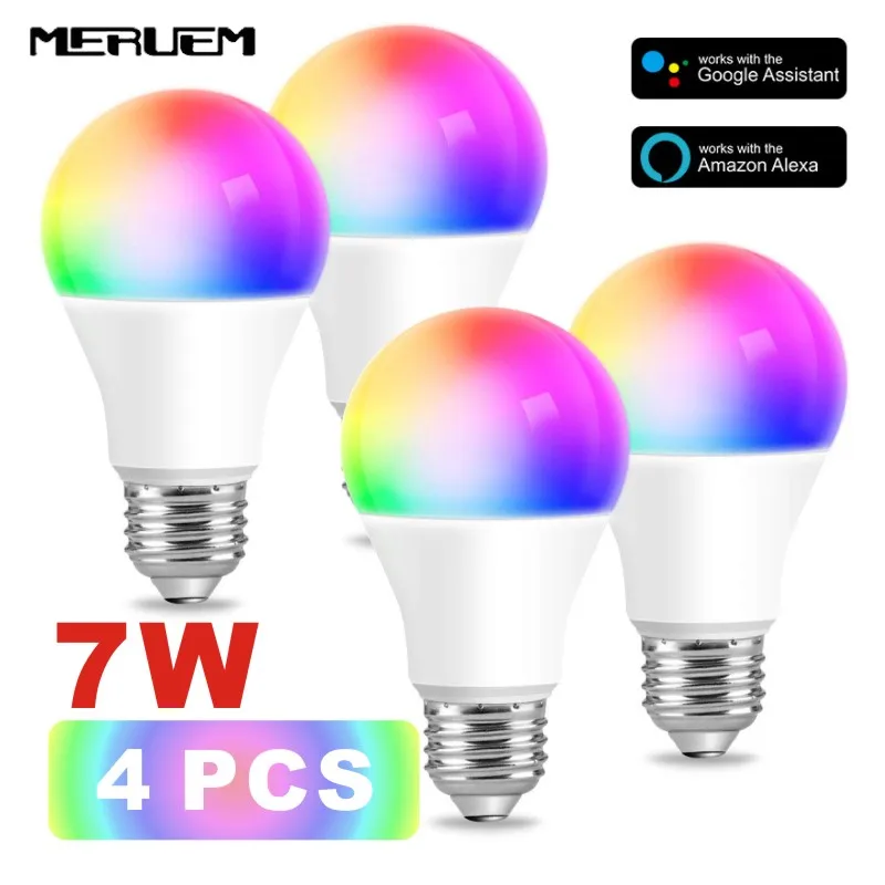 7W 4pcs Подсветка умного Wi-Fi лампочки 7 Вт/9 Вт 12 Вт RGB E27 Волшебная осветительная лампа Пробуждение Совместимо с Alexa и Google Assistant Прямая поставка - Испускаемый цвет: 7W 4pcs