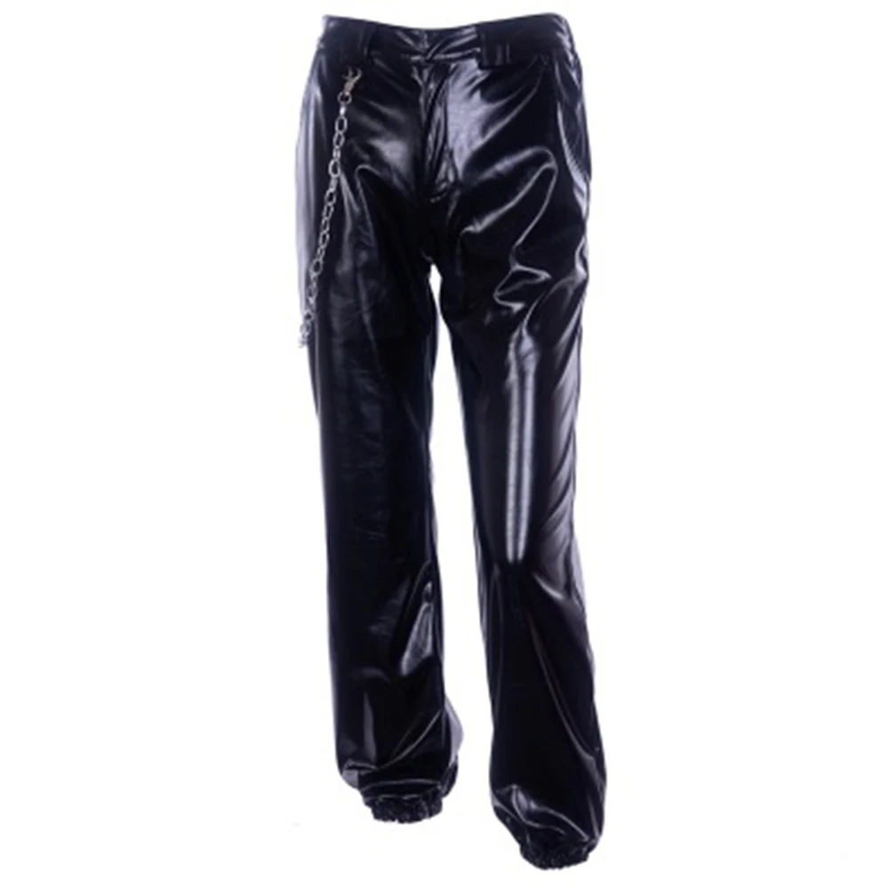 Широкие брюки из искусственной кожи в стиле хип-хоп; женские черные брюки; повседневные брюки; женские свободные узкие брюки с эластичной резинкой на талии; брюки для бега - Цвет: Черный