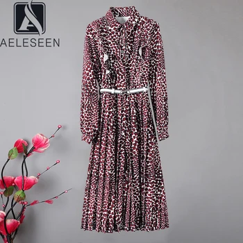 

AELESEEN Runway Fashion Silk Dress 2020 Spring Autumn Designer Women's Long Sleeve Heart Print Belt Luxury Elegant Pleated Dress