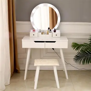 

Dressing Table with Single Round Mirror with Bulb & 4 Drawers White , ship from US drop shipping