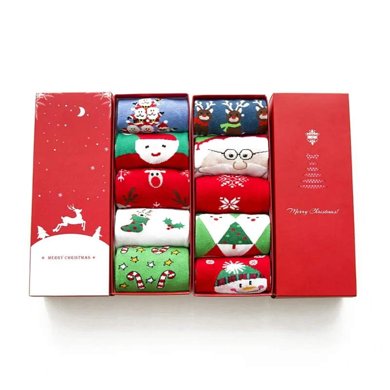 Хлопковые осенне-зимние рождественские подарочные хлопковые носки с рисунком из мультфильма махровые носки со снежинками, лосями, Санта Клаусом, Рождественские Носки с рисунком медведя, 5 пар