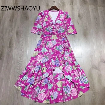 

ZIWWSHAOYU Summer Women Multicolor Floral Print V-Neck Vintage Long Dress Runway Designer Ladies Ruffle Hem Asymmetrical Dresses