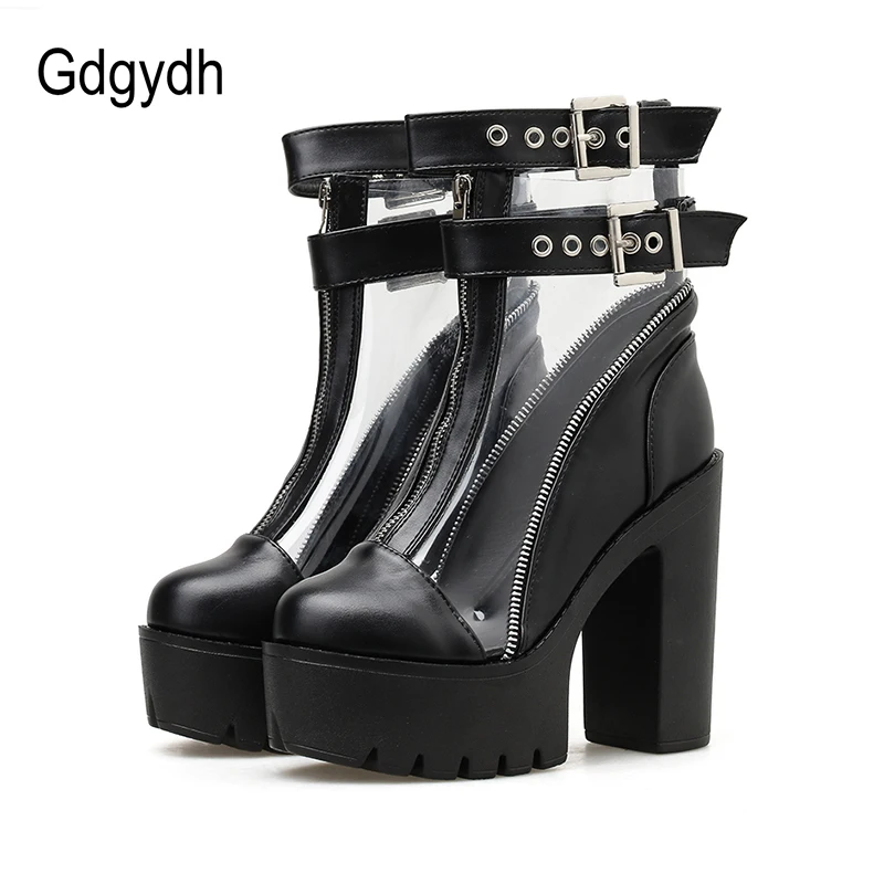 

Gdgydh 2019 Autumn News Women Ankle Boots Round Toe Transparent Patent Leather Laides Short Boots With Zipper ThicK High Heels