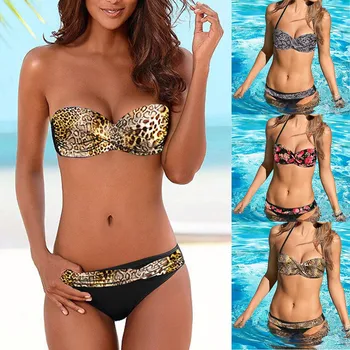 

Women Bandage Bikini 2pcs Set Push-up Animal Print Leopard Low Waist Beach Swimsuit Padded Bra Bathing Suit Swimwear Beachwear