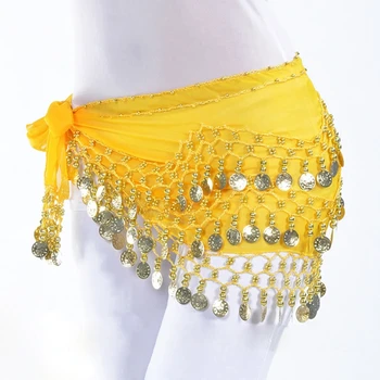 

Egypt belly dance skirt costume wear hip wraps golden 128 coins belt chain(Yellow)
