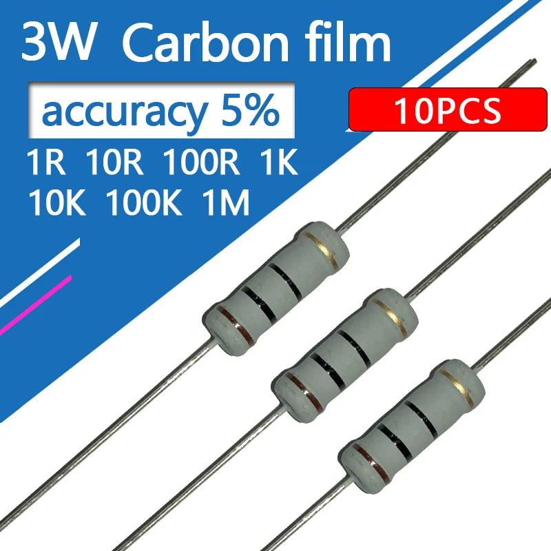 10pcs 3W Carbon film Resistor Four Color Circle 1R 1.2R 1.5R 1K 1K2 1K5 10 12 15 100 120 150 R K Ohm 10R 100R 10K 15K Resistance 10pcs 5w 5% cement resistor power resistance 0 1 10k 0 1r 0 5r 1r 10r 100r 0 22 0 33 0 5 1 2 5 8 10 15 20 25 30 100 1k 10k ohm