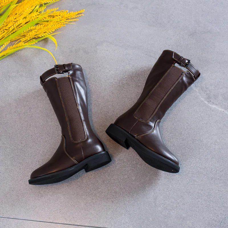 Новинка; осенние детские сапоги до колена; натуральная детская кожаная обувь для маленьких девочек; брендовые черные сапоги; Повседневная обувь в римском стиле; модные мягкие сапоги