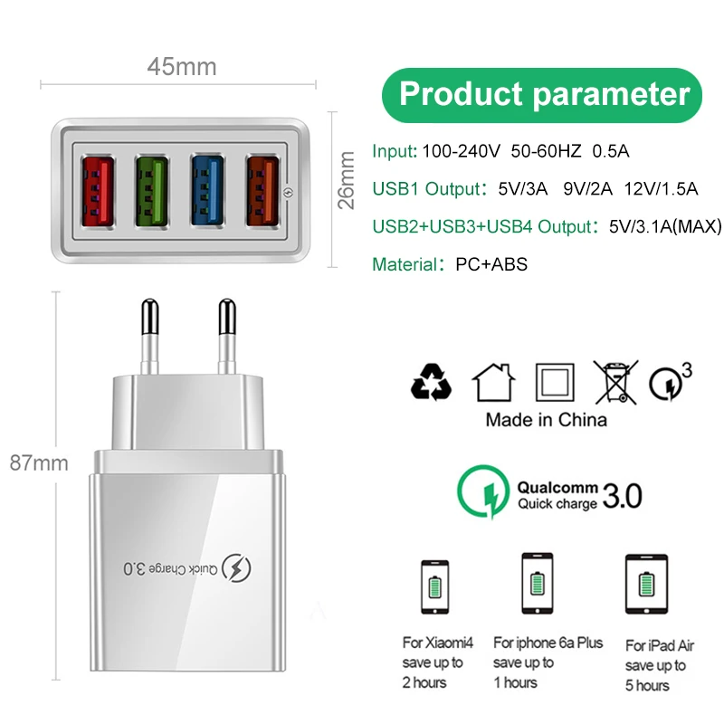 Быстрая зарядка USB 3 0 для iPhone X 18 Вт настенное зарядное устройство быстрая Samsung S20
