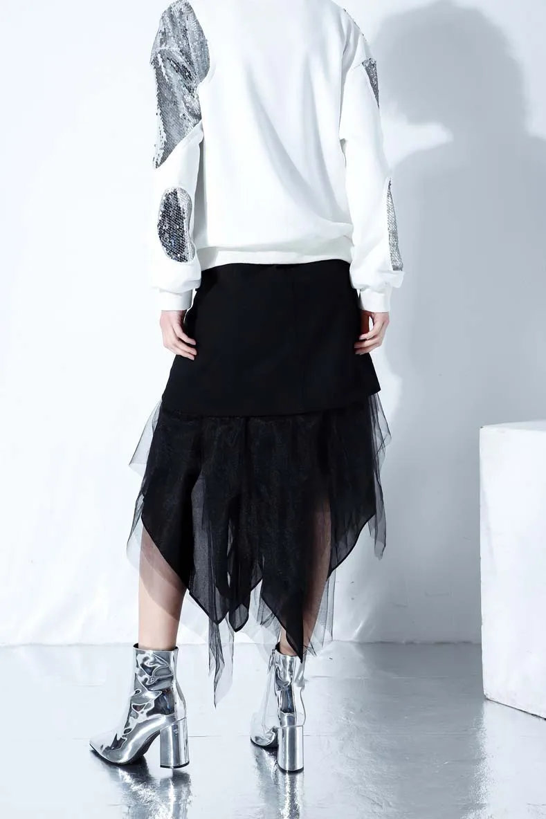 [EAM] Новинка, осенне-зимняя черная юбка с завышенной талией, с неровной сеткой, с разрезом, имитация двух полубоди, женская модная юбка, JL998