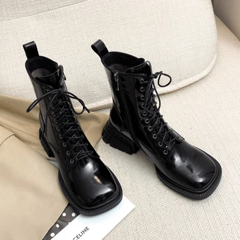 

Motorcycle Boots Women Genuine Cow Leather Cross-Tied Slide Zip Round Toe Lady Ankle Boots Autumn Winter Shoes Handmade