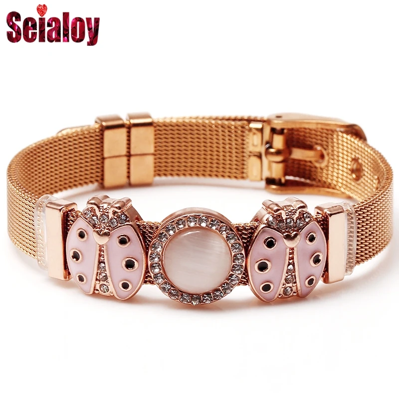 

Rose Gold Stainless Steel Mesh Pink love Ladybug Charm Watch Belt Bracelets For Women Men Original Round Beaded Bracelet Bangle