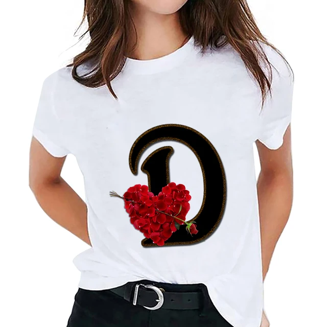 تي شيرت حريمي مخصص يحمل كلمة الاسم قميص مطبوع عليه زهور حرف A B C D E F G تي شيرت حريمي بأكمام قصيرة 4