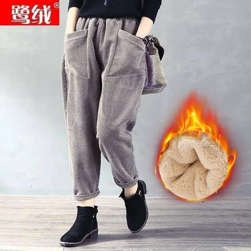

2020 New plus velvet no velvet autumn and winter solid color corduroy high waist casual long pants thickened Korean dad pants