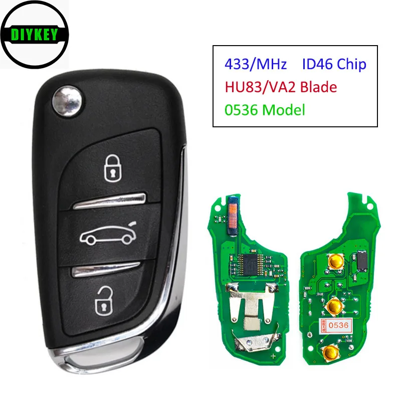 

Модифицированный складной пульт дистанционного управления DIYKEY DS, 3 кнопки, 433 МГц, ID46 для Peugeot 307, 0536, модель 2001, 2002, 2003, 2004, 2005, HU83/VA2 Blade