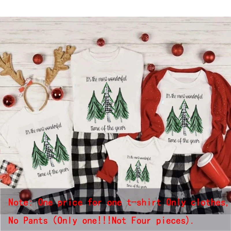 Christmas Family Look Wonderful Time Letter Adult Kids T-shirt Baby Rompers Father Mother Daughter Son Matching Outfits | Мать и ребенок